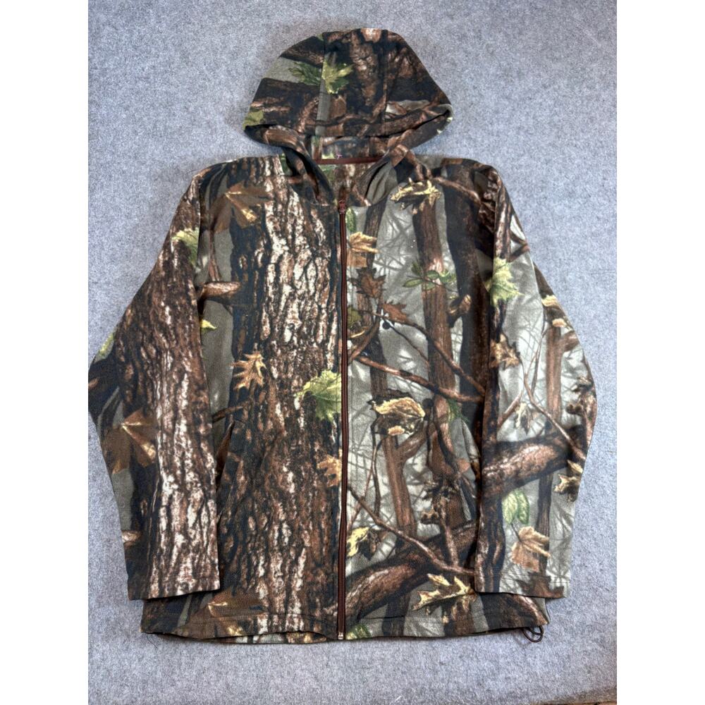 VINTAGE Mossy Oak Men Fleece Hoodie Brown Camo Full Zip Hunting Sweatshirt Large